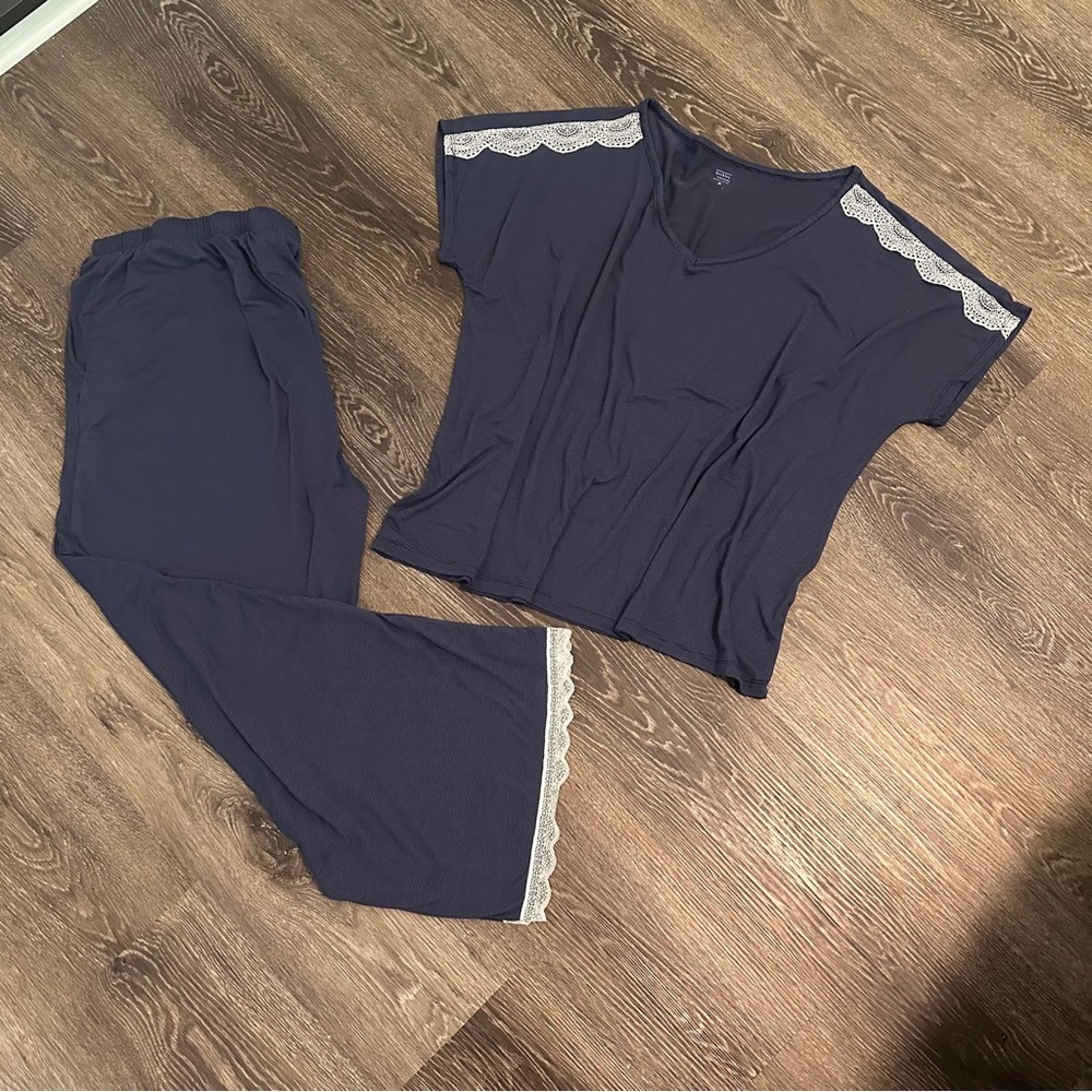 Women's Lace Trim Pajama Set - Dark Blue